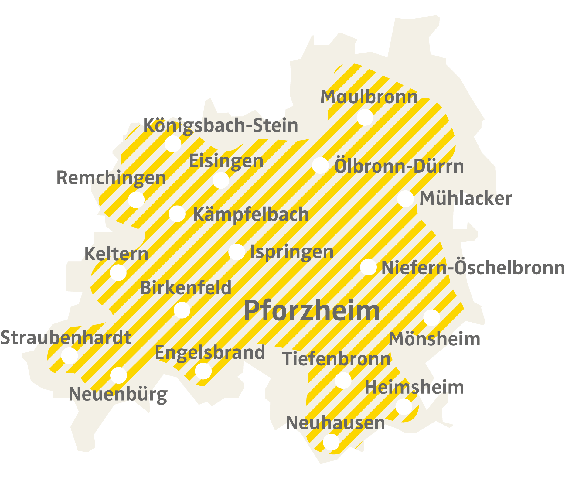 Karte des Versorgungsgebiets des ambulanten Pflegedienstes zuHause rund um Pforzheim und den Enzkreis